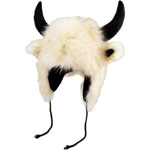 Men  A-beige Furry Buffalo Horn Winter Hat Unisex Faux Fur Earflap Trooper Cap